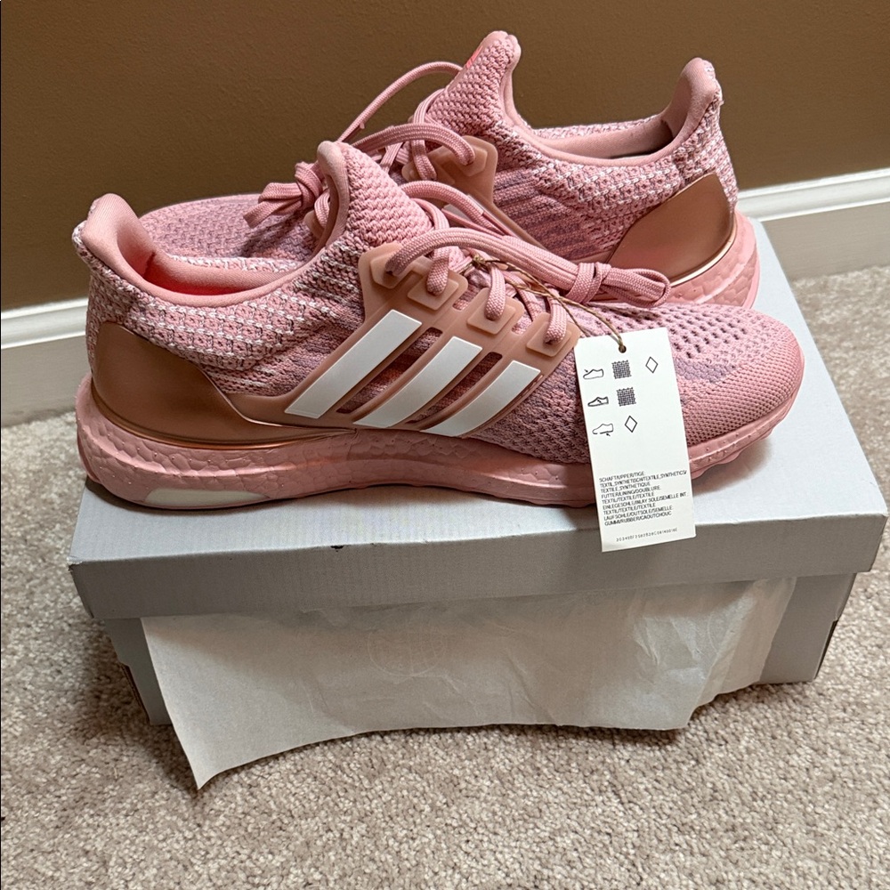 adidas ultraboost 5.0 DNA Pink Knit Running Shoes with White Stripes